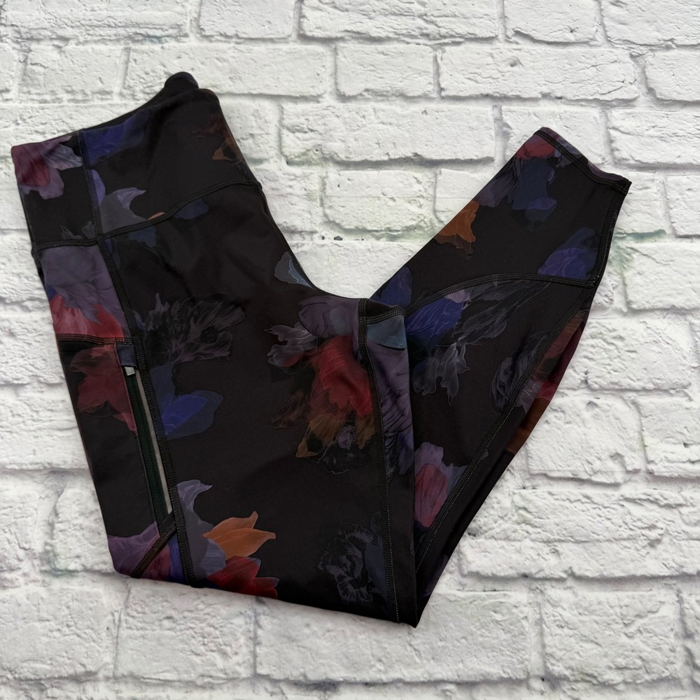 Athleta Ranier Printed Tight Womens Large Black Grey Floral High Rise Leggings